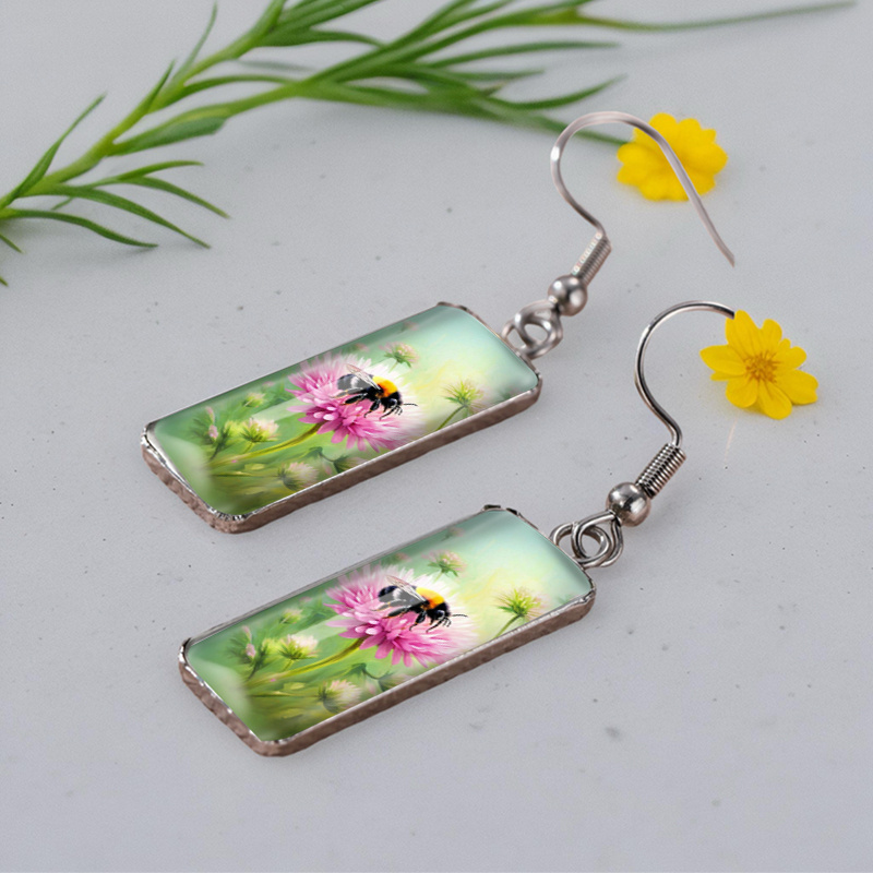 Bee and Pink Chrysanthemums Rectangular Fish Hook Earrings